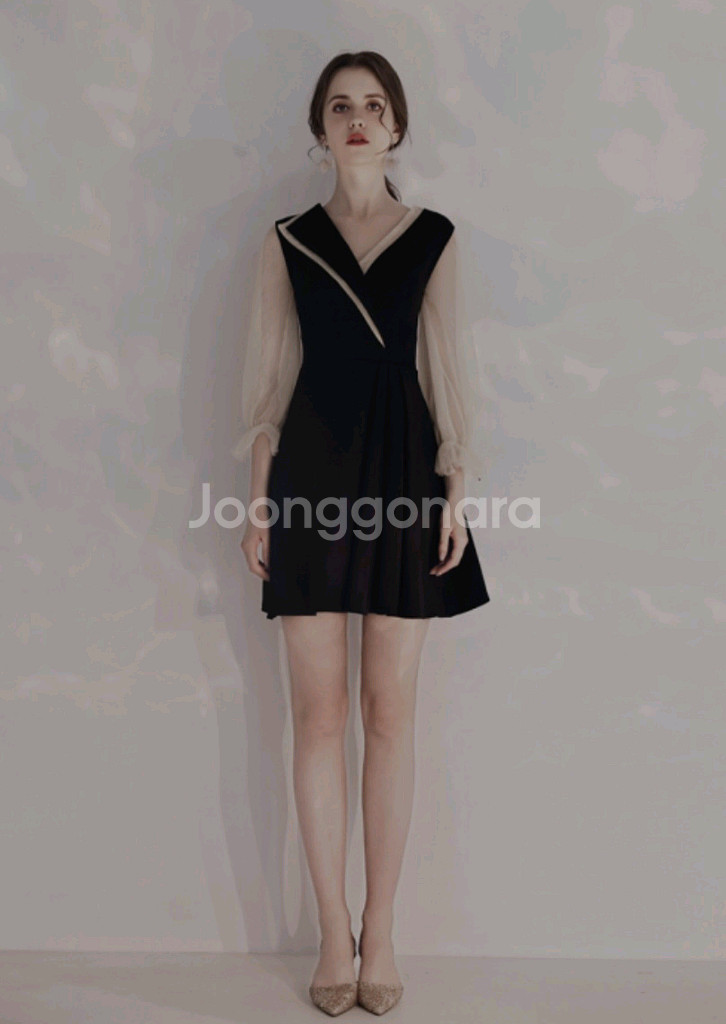 엘로즈 블랙 크림 쉬폰 이브닝 포멀 드레스--1