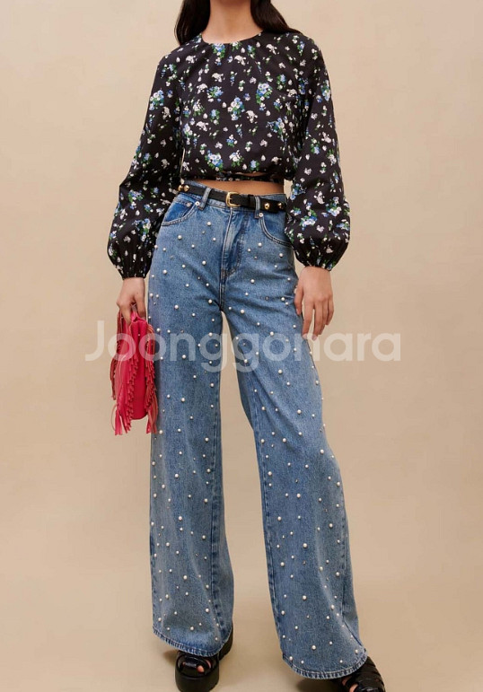 마쥬 maje 펄비즈 디테일 와이드 데님 팬츠 38 사--0