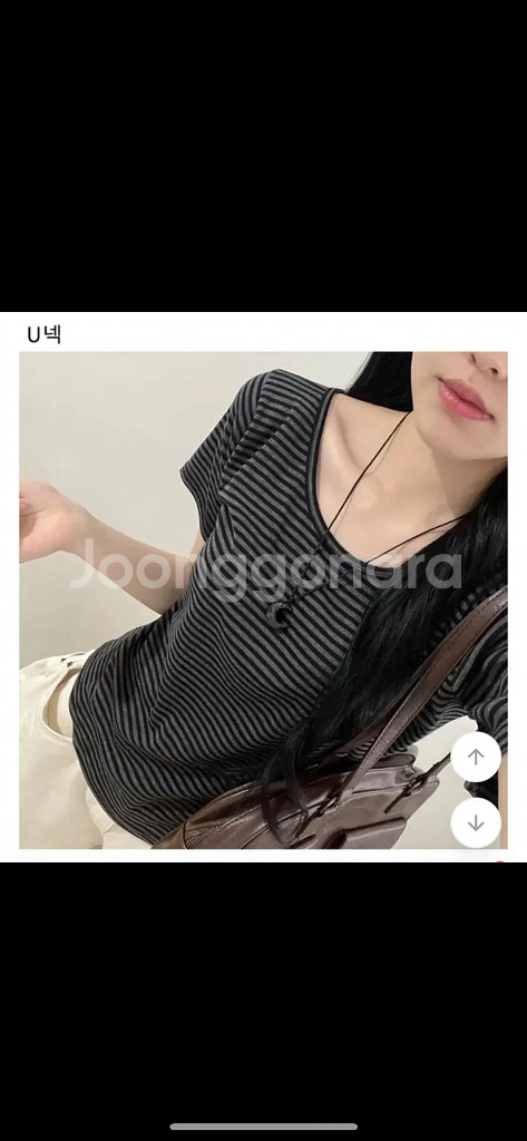 U넥 스트라이프 반팔 티셔츠--0