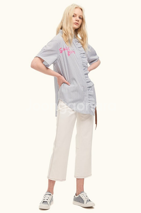 한섬 랑방컬렉션 프릴 스트라이프 셔츠 바스락 블라우스--1