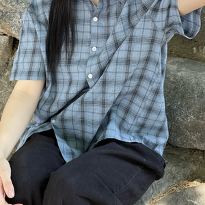 체크 반팔 오버핏 셔츠