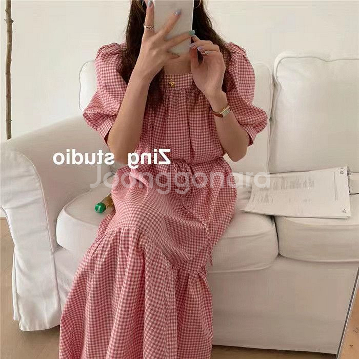 (새상품) 고방체크 롱원피스 (레드체크)--9