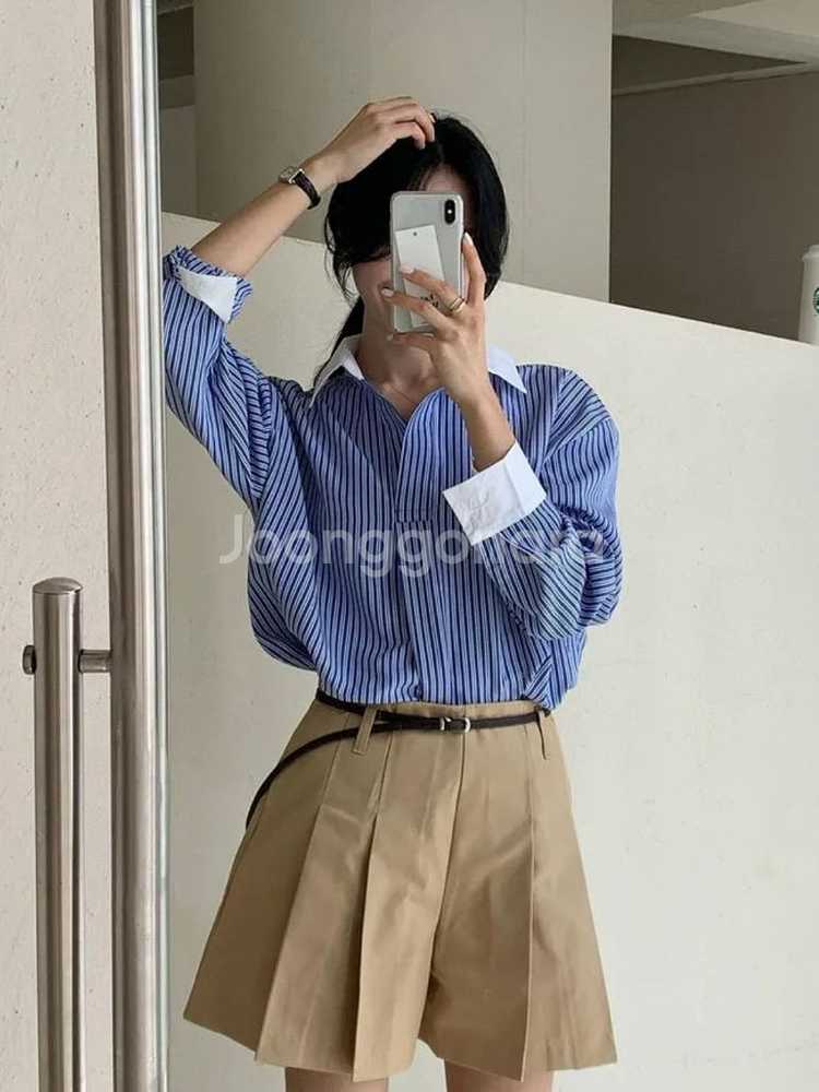 (F) 스트라이프 배색 셔츠 블루 한번 착용--0