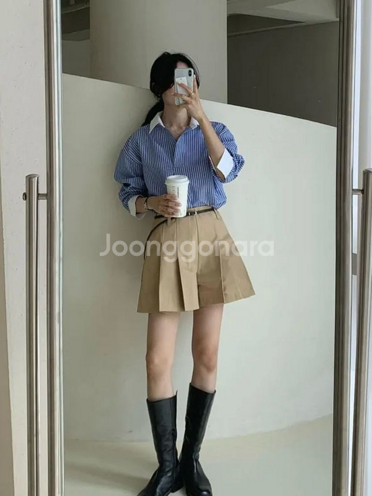 (F) 스트라이프 배색 셔츠 블루 한번 착용--3