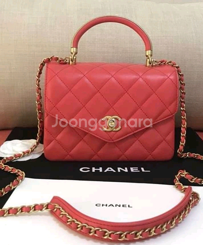 Chanel 금장 코랄레드 토트 숄더백 정품--0
