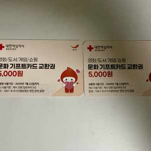 적십자 문화상품권 5000원권 2장