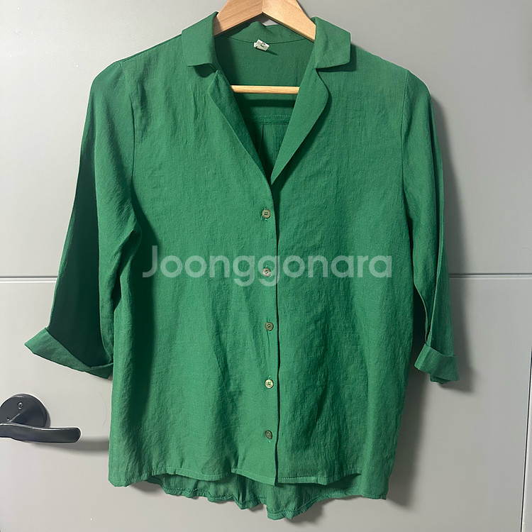 여름 카라 면 린넨 초록색 셔츠 반팔 블라우스 남방--0