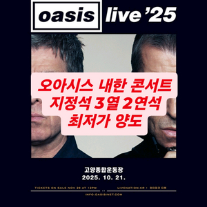 오아시스 내한 지정석 3층 3열 2연석