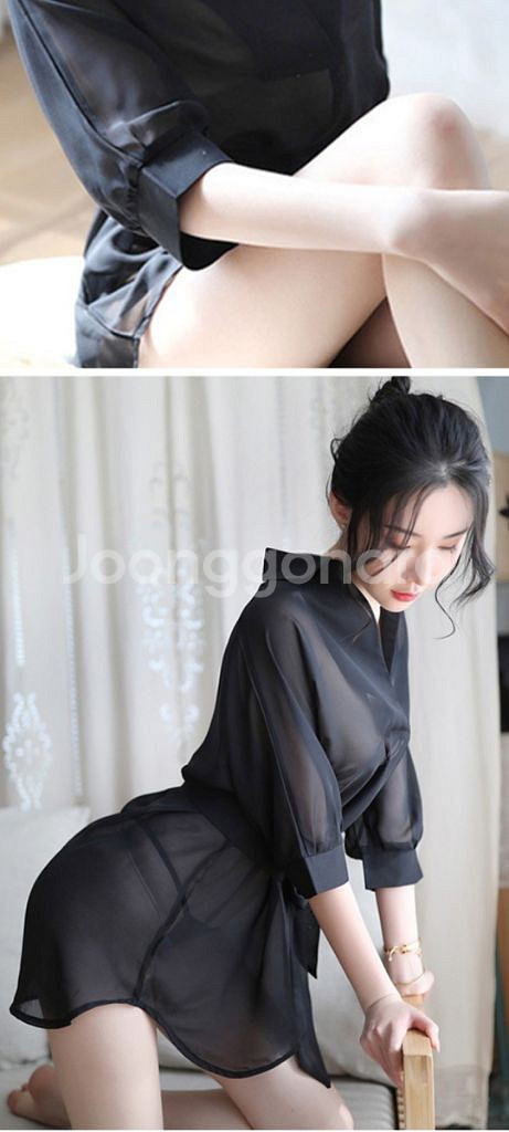 블랙 시스루 셔츠형 원피스 슬립+티팬티 2종S~L--3