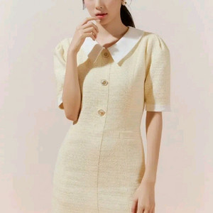 로엠 트위드 배색 카라 원피스 옐로우 M