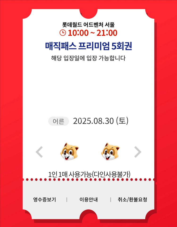8월 30일 토요일 롯데월드 매직패스 5회권--0