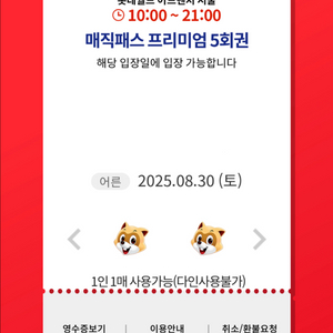 8월 30일 토요일 롯데월드 매직패스 5회권