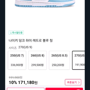 나이키 덩크로우불루칠. 265/270