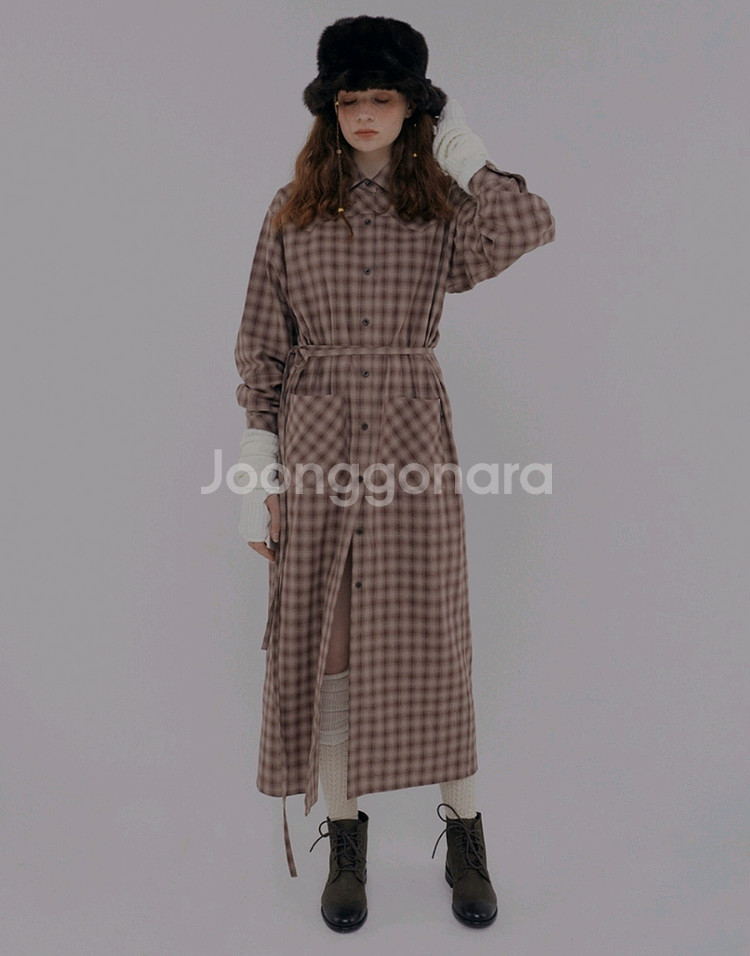 스컬프터 브라운 체크 셔츠 롱 원피스 127cm--0