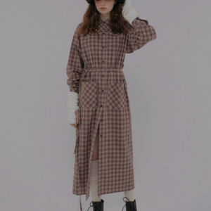 스컬프터 브라운 체크 셔츠 롱 원피스 127cm