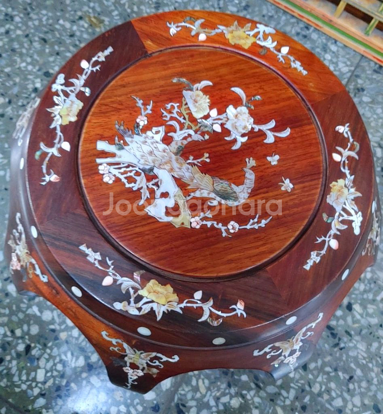 화조문 자개원탁 3점 좌대 탁자 의자 나전칠기--2