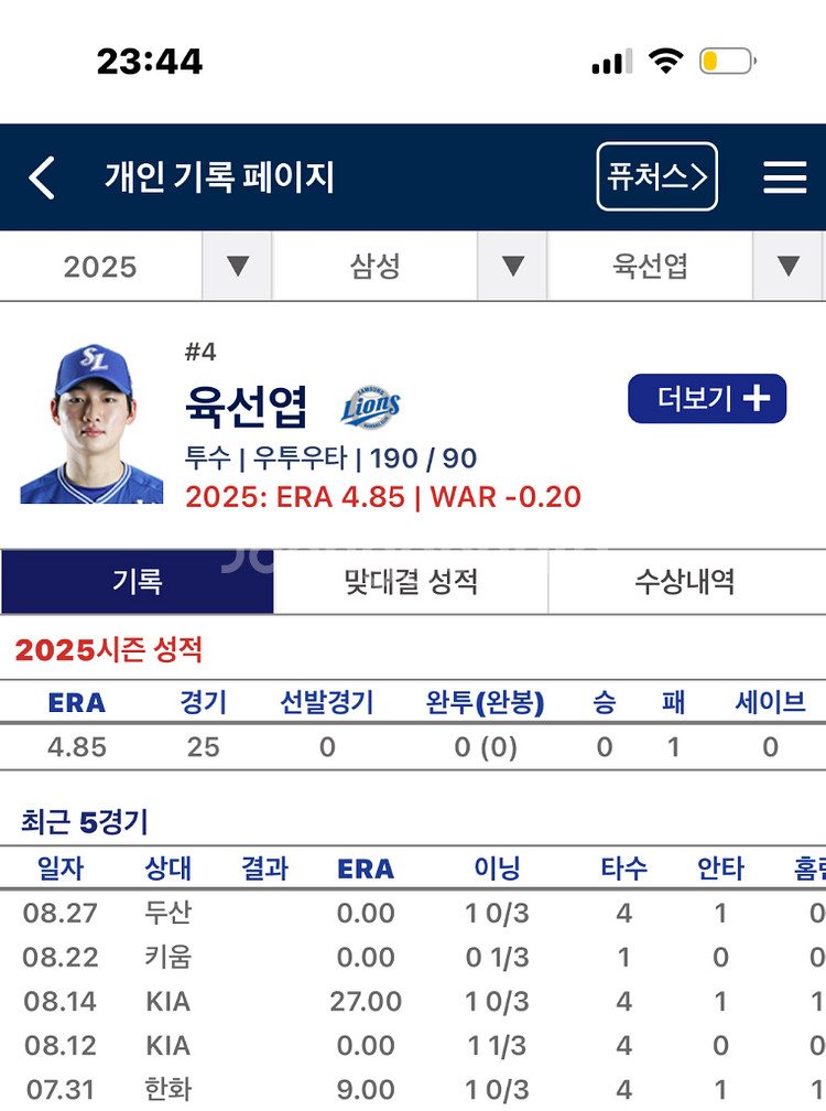 삼성 불펜의 미래 육선엽 친필사인 유니폼--4