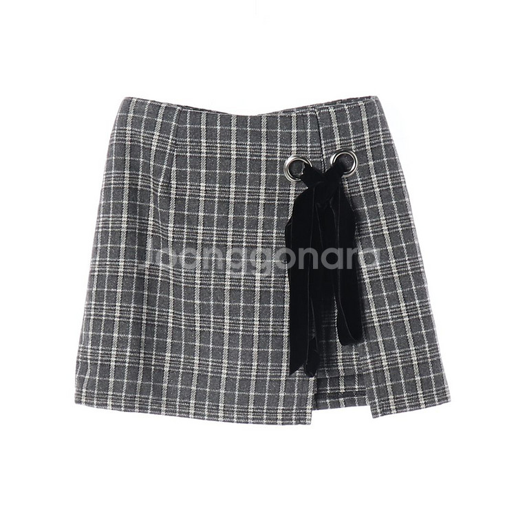 [S]마가린핑거스 그레이 체크 벨벳 리본 랩 스커트 치--0