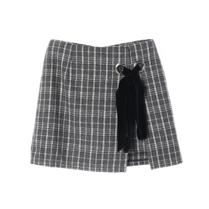 [S]마가린핑거스 그레이 체크 벨벳 리본 랩 스커트 치