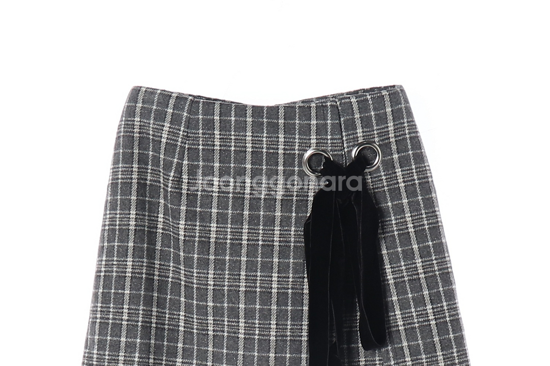 [S]마가린핑거스 그레이 체크 벨벳 리본 랩 스커트 치--1