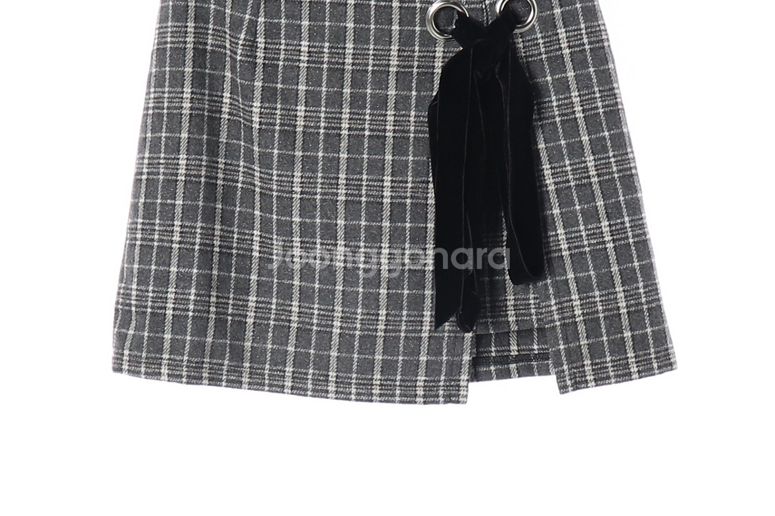 [S]마가린핑거스 그레이 체크 벨벳 리본 랩 스커트 치--2