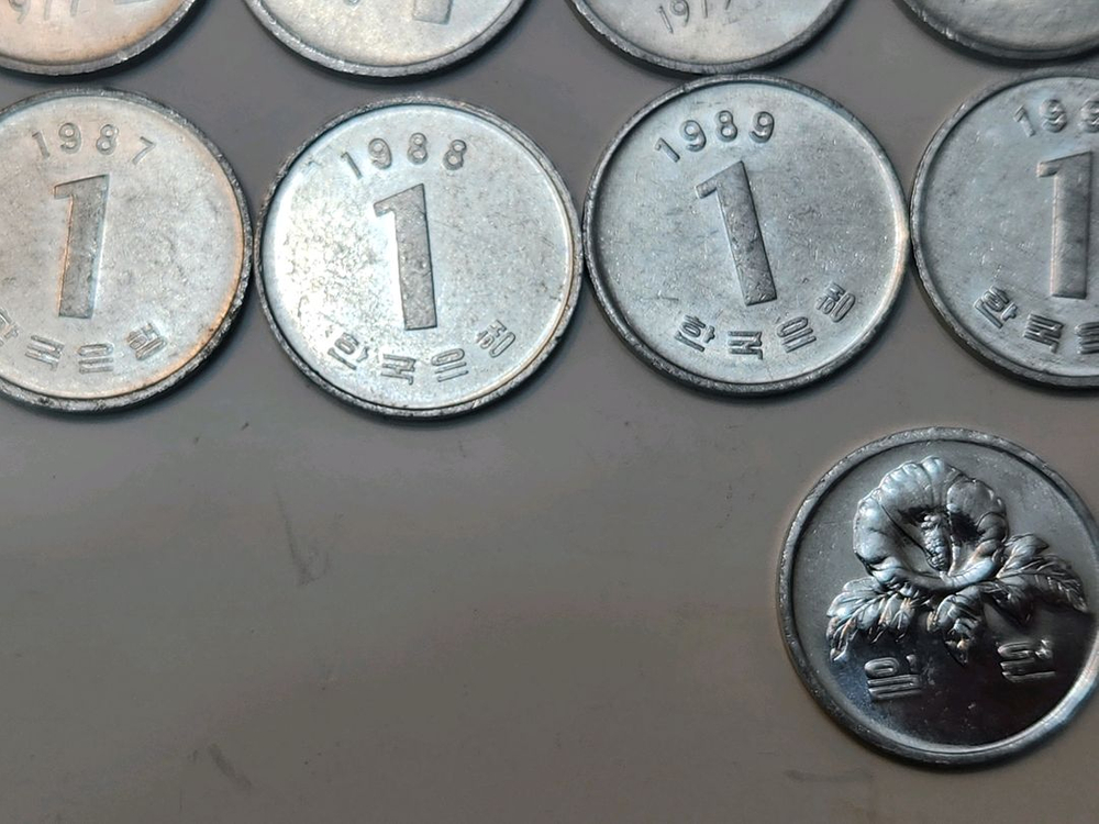 옛날동전, 구형 한국 1원 동전 줄세우기66년~91년 이미지