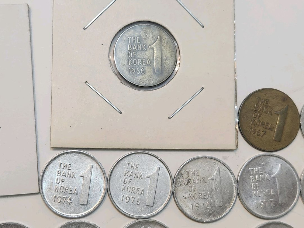 옛날동전, 구형 한국 1원 동전 줄세우기66년~91년 이미지