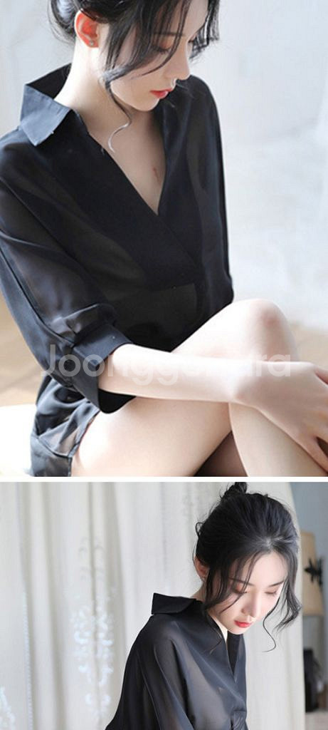 블랙 시스루 셔츠형 원피스 슬립+티팬티 2종S~L--2