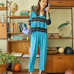 럭키슈에뜨 스트라이프 오픈 카라 쿨 니트 티셔츠 7부