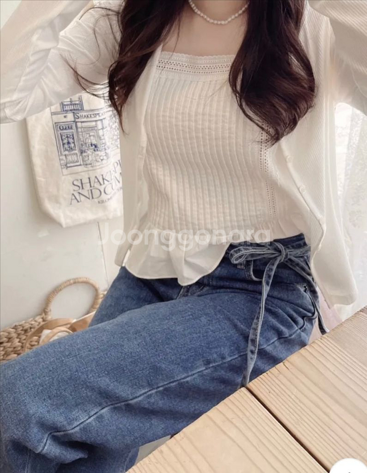리본 일자핏 데님 진청 와이드팬츠--0