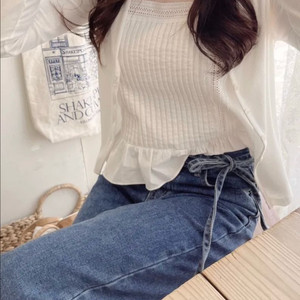 리본 일자핏 데님 진청 와이드팬츠