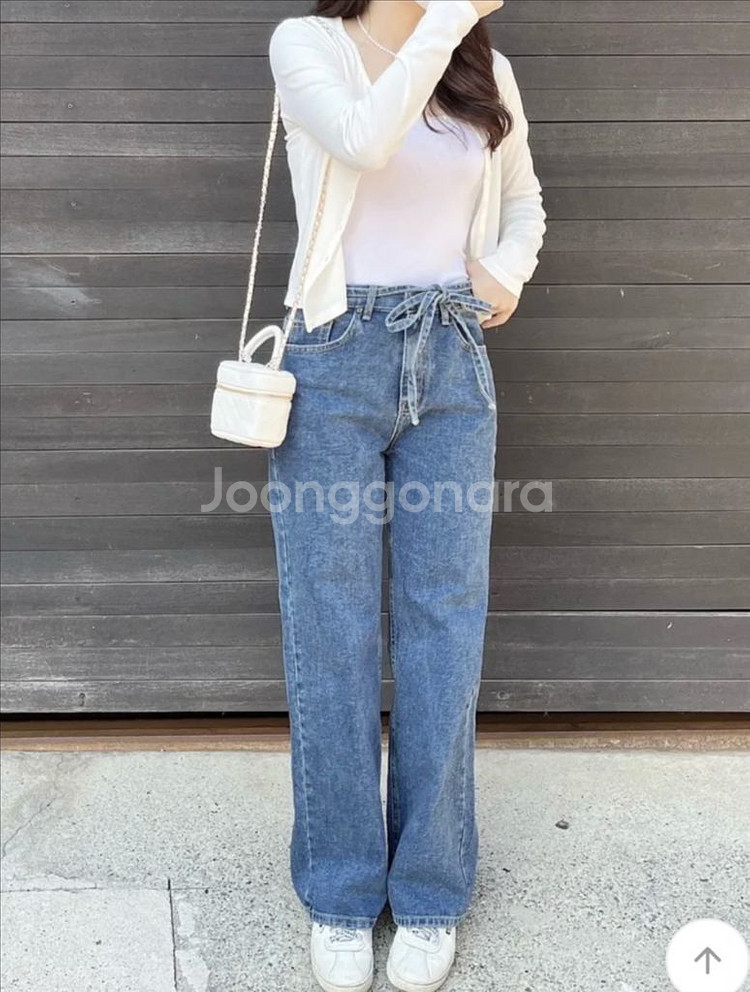 리본 일자핏 데님 진청 와이드팬츠--6