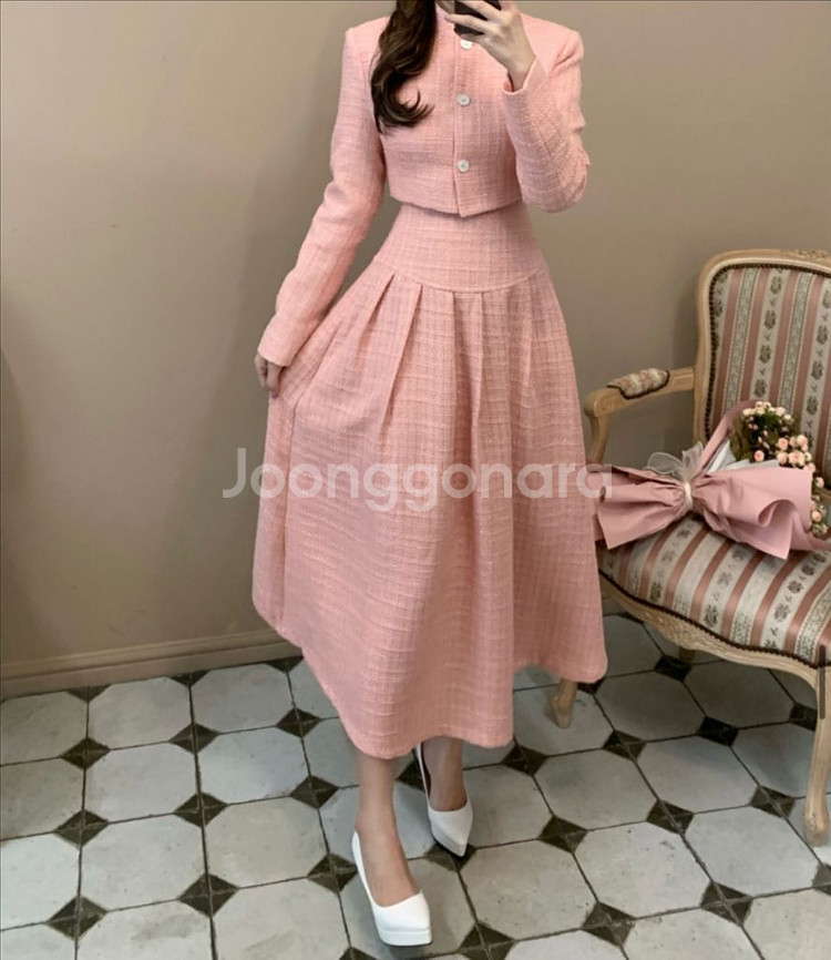 핑크 트위드 투피스 세트 S--1