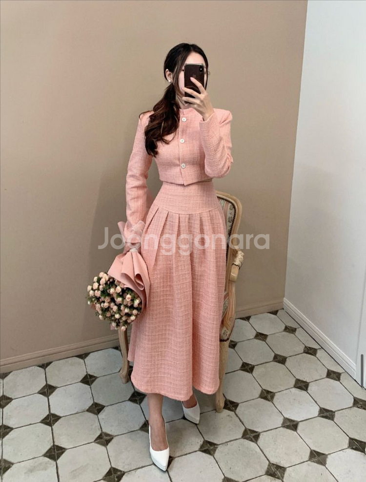 핑크 트위드 투피스 세트 S--0