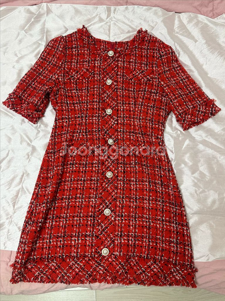 체크 트위드 레드 원피스 (S)--2