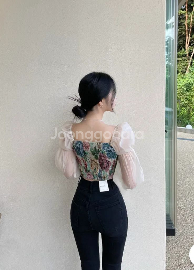 [미사용&새제품] 빈티지자수 퍼프 시스루 블라우스 (사--6