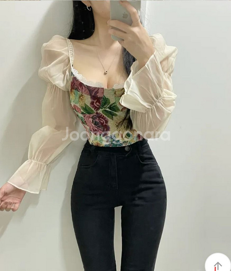 [미사용&새제품] 빈티지자수 퍼프 시스루 블라우스 (사--8