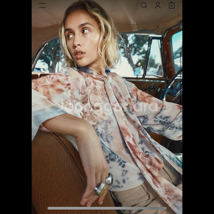 zara 자라 플로랄 프린트 리본 셔츠--9