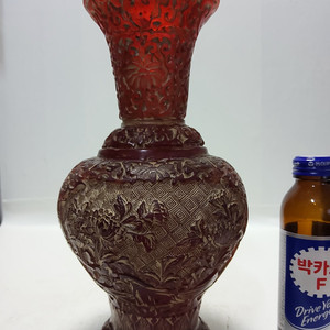 호박 목단문 음각 화병 높이25cm무게764g