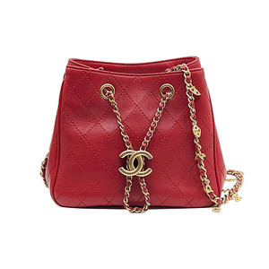 샤넬 레드 카프스킨 드로스트링 버킷 미니 크로스백