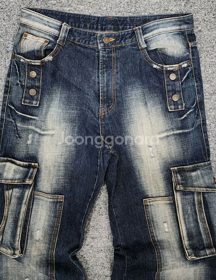 빈티지 데미지 워싱 데님 카고 팬츠 청바지 XL--2