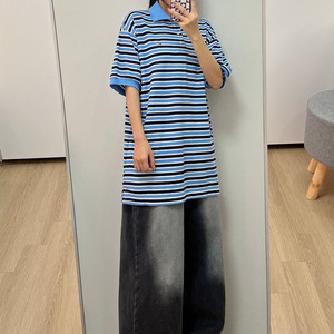 나이키 스우시 자수로고 네이비 하늘 스트라이프 카라티