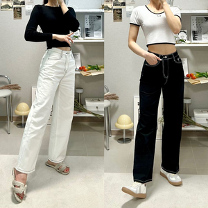 화이트 스티치 와이드 일자 통 면바지 M