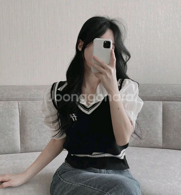 새상품) 에이블리 블라우스+블랙니트조끼 상의 set--0