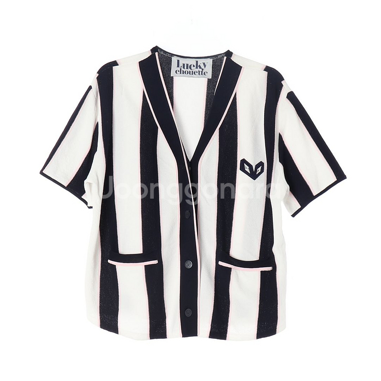 [M]럭키슈에뜨 네이비 스트라이프 브이넥 반팔 가디건--0