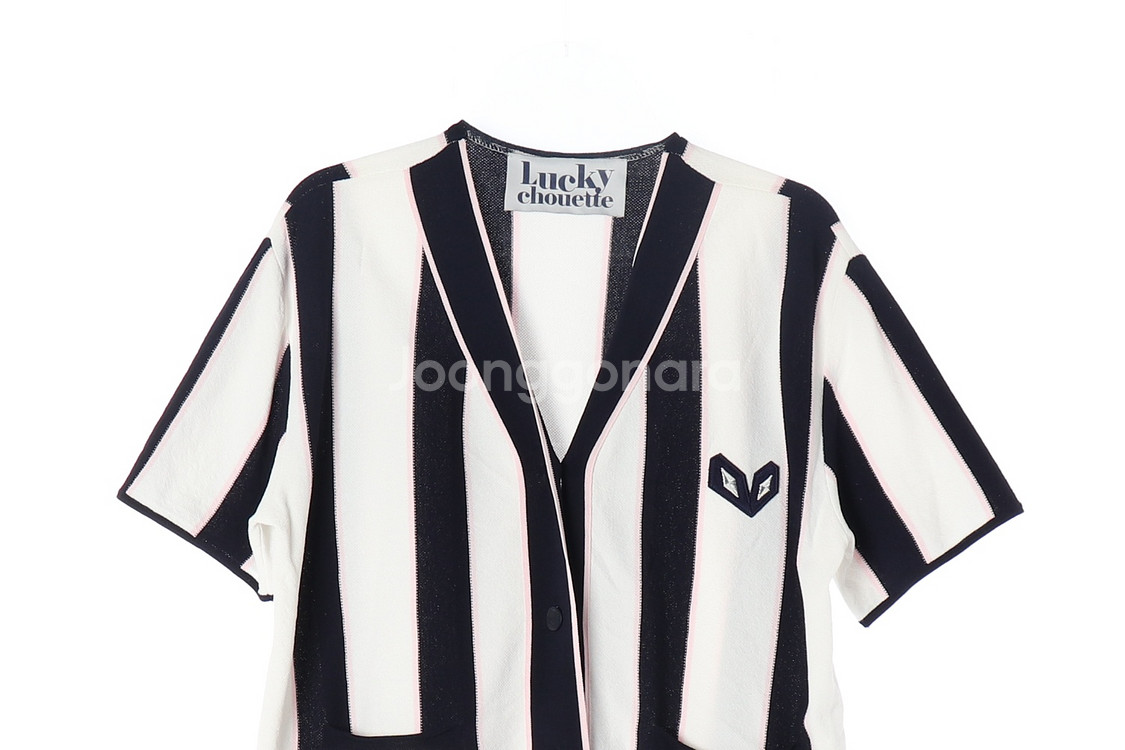 [M]럭키슈에뜨 네이비 스트라이프 브이넥 반팔 가디건--1