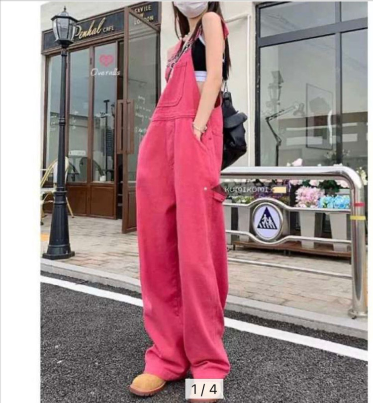 와이드 데님 핫핑크 멜빵바지--1