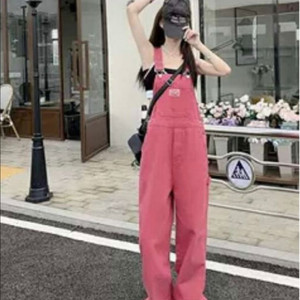 와이드 데님 핫핑크 멜빵바지