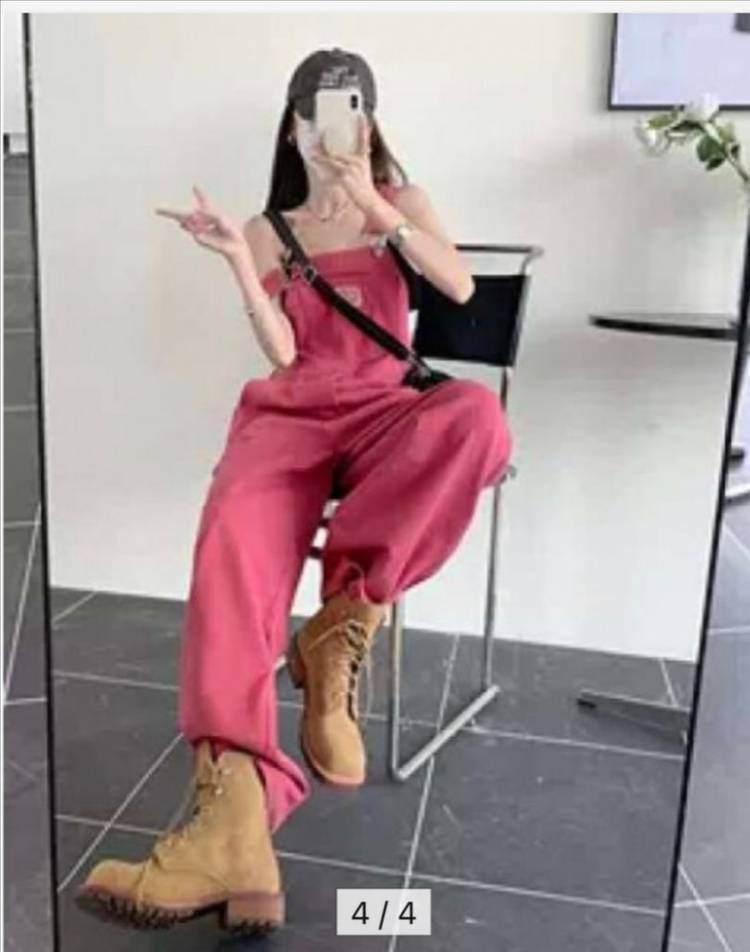 와이드 데님 핫핑크 멜빵바지--2