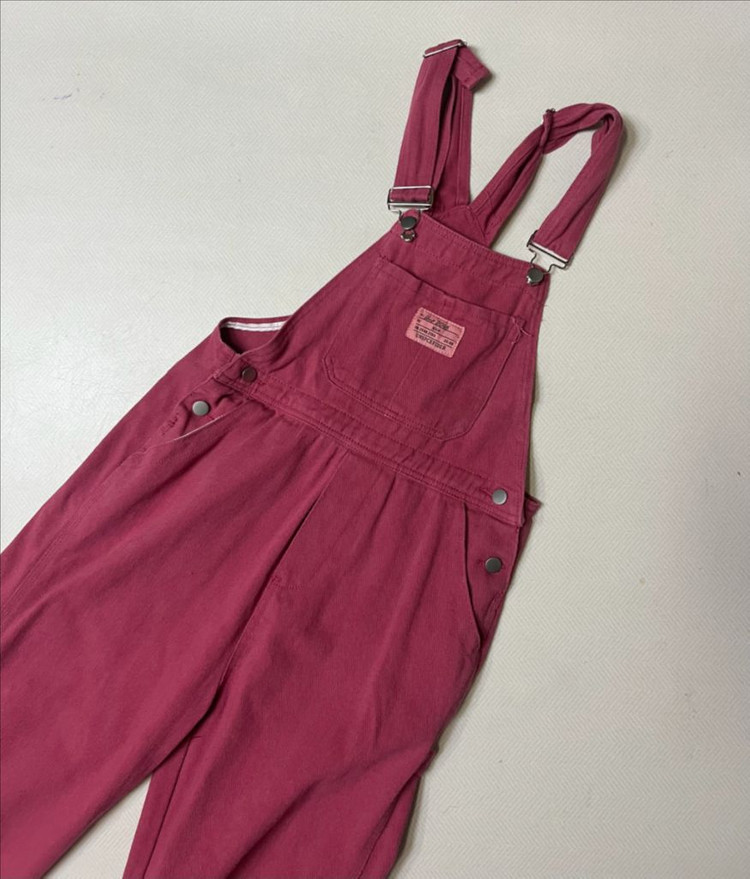 와이드 데님 핫핑크 멜빵바지--4